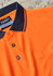 An orange short sleeve polo shirt with a black collar and buttons, featuring a pocket on the front.