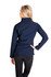A navy women's soft shell jacket, featuring a high collar and a fitted design, shown from the back.