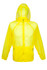 A bright yellow men's air jacket with a hood and zippered pockets, featuring a logo on the front.