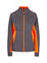 A women's jacket featuring a grey body with vibrant orange accents and a zippered front. It has a logo on the side.