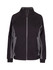 A women's icon jacket in black with grey accents, featuring a full zip and high collar. It has a logo on the chest.