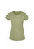 A light olive green women's t-shirt with short sleeves and a rounded neckline. It features a logo on the front.