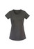 A grey women's T-shirt with short sleeves and a rounded neckline, featuring a curved hem and a logo.