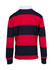 A red and navy striped rugby polo featuring a white collar and a logo on the back.