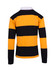A unisex rugby polo featuring black and golden stripes, with a white collar and long sleeves. It has a logo on the front.