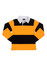 A kid's rugby polo top featuring yellow and black horizontal stripes, with a white collar and an attached branding label.