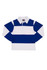 A blue and white striped rugby polo top with long sleeves and a collar. It features a logo on the chest.