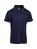 A navy blue, short-sleeve polo shirt made of 100% polyester, featuring a collar and three buttons, with a logo.