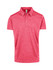 A red polyester polo shirt with a collar and a logo. It features short sleeves and a textured pattern.