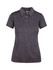 A women's polo shirt in a dark grey shade made of 100% polyester with a collar and three buttons, featuring a logo.