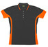 A women's polo shirt in black with orange contrast panels, featuring a collar and buttons. It has a logo on the front.