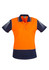 A women's short sleeve polo in high visibility orange and navy, featuring a logo on the chest and striped detailing on sleeves.