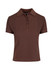 A brown women's cotton pigment dyed polo shirt with a collared neckline and button placket, featuring a logo.