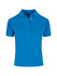 A blue women's cotton polo shirt with a collar and buttons, featuring a logo.