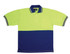 A high visibility polo shirt featuring a fluorescent yellow upper and navy blue lower section. It has a pocket and a logo.