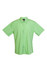 A light green short-sleeve button-up shirt with a collar and a logo on the label.