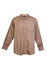 A long sleeve cotton drill work shirt in khaki, featuring two chest pockets and a collar, with a logo present.