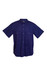 A navy blue short sleeve shirt featuring a button-up front and chest pockets, complete with a logo.