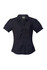 A button-up shirt in navy with white stripes featuring short puff sleeves and a fitted design. Includes a logo.