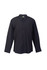 A men's black and white striped button-up shirt featuring a chest pocket and a collar. It has a logo.