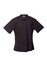 A black button-up shirt with short sleeves and vertical stripes. The shirt features a chest pocket and a logo.