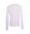 A white long-sleeve T-shirt with a simple design and a logo on the back.