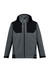 A waterproof jacket in grey with black accents, featuring a hood and zipper pockets. It has a logo on the front.