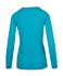 A heather teal long sleeve women's t-shirt with a simple design and a logo on the back.