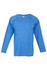 A blue long sleeve T-shirt with a relaxed fit and raglan sleeves. It features a branding logo on the label.