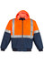A men's hi-vis quilted flying jacket, featuring orange and navy colours with reflective stripes and a hood.