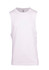 A white unisex combed cotton tank top, featuring a simple design and no sleeves. It has a logo.