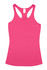 A pink women's T-back singlet with a sleek design and a branding label at the neckline.