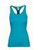 A teal women's athletic T-back singlet with a fitted design and a logo on the tag.