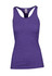 A purple women's athletic T-back singlet with a fitted design and a logo on the label.