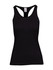 A black women's athletic T-back singlet featuring a racerback design and a branded logo.