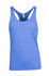 A blue athletic T-back singlet with a scoop neckline and a branding label inside.