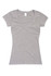 A grey women's V-neck T-shirt with short sleeves, featuring a plain design and a tag at the neckline.