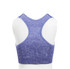 A purple seamless crop top with a racerback design displayed on a mannequin. Features branding on the back.