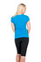 A blue women's T-shirt with a fitted design, viewed from the back, paired with black leggings.