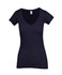 A women's raw cotton wave V-neck t-shirt in navy blue with short sleeves. Features a brand logo.