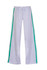 Grey track pants with green stripes on the sides, featuring a drawstring waist and a relaxed fit.