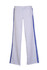 Light grey track pants with blue stripes and a drawstring waist, featuring a logo on the side.