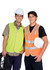 Two men wearing high-visibility vests, one in bright yellow and the other in orange, both with reflective tape and hard hats.