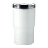 A drink bottle in matte white with a clear lid and a logo. Suitable for both tumbling and cooling beverages.