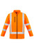 A bright orange unisex softshell jacket featuring reflective stripes, with a zip front and a pocket on the chest.