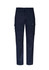 Navy cargo pants featuring side pockets and a button closure, with a branding logo. Suitable for casual wear.