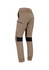 A pair of men's tan stretch work pants with cuffed hems and black accents. Features pockets and branded detailing.