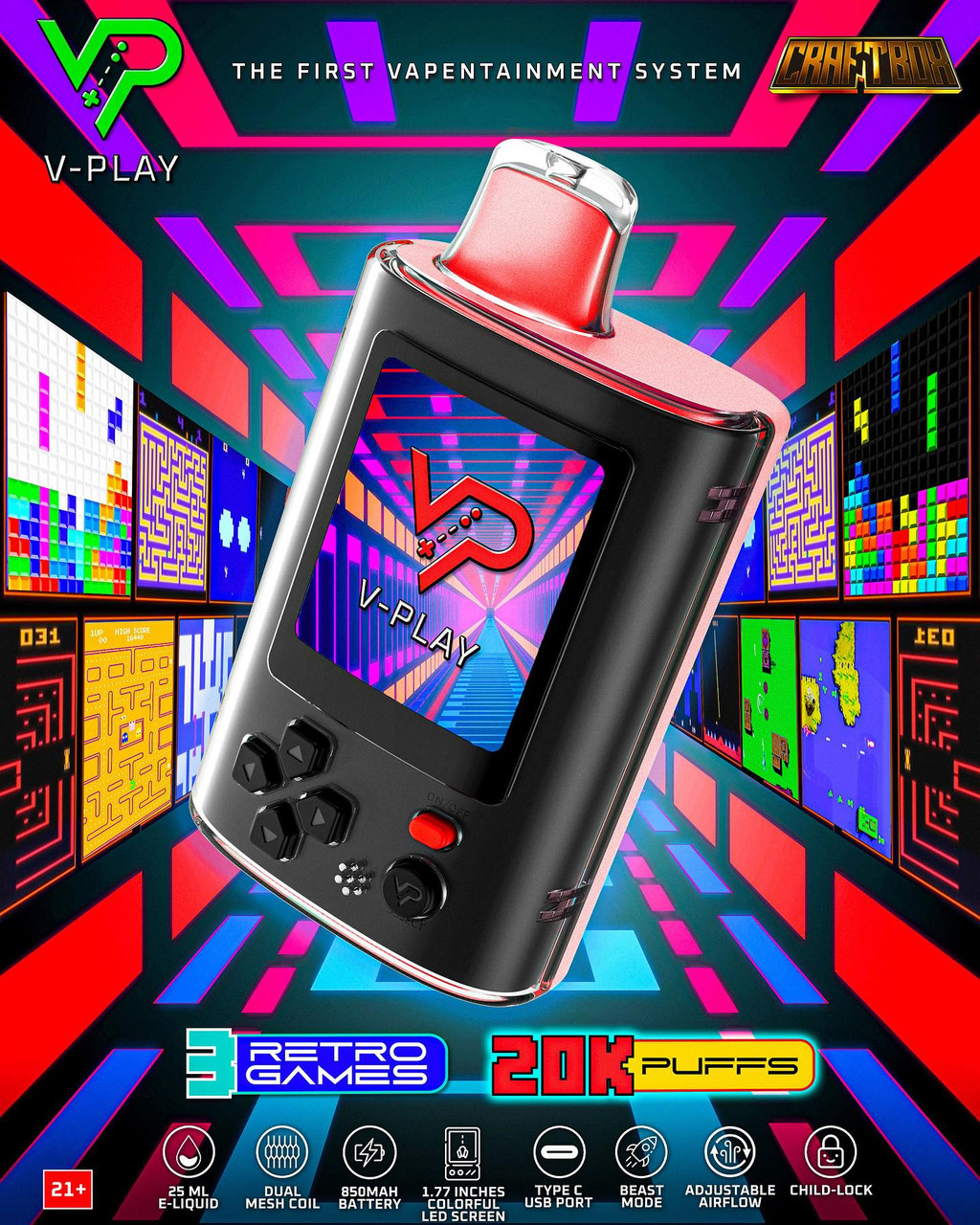 Craftbox V-Play 20K Disposable Vape with Built in Gaming System 25mL - 5 Pack Craftbox V-Play 20K Disposable Vape with Built in Gaming System 25mL - 5 Pack