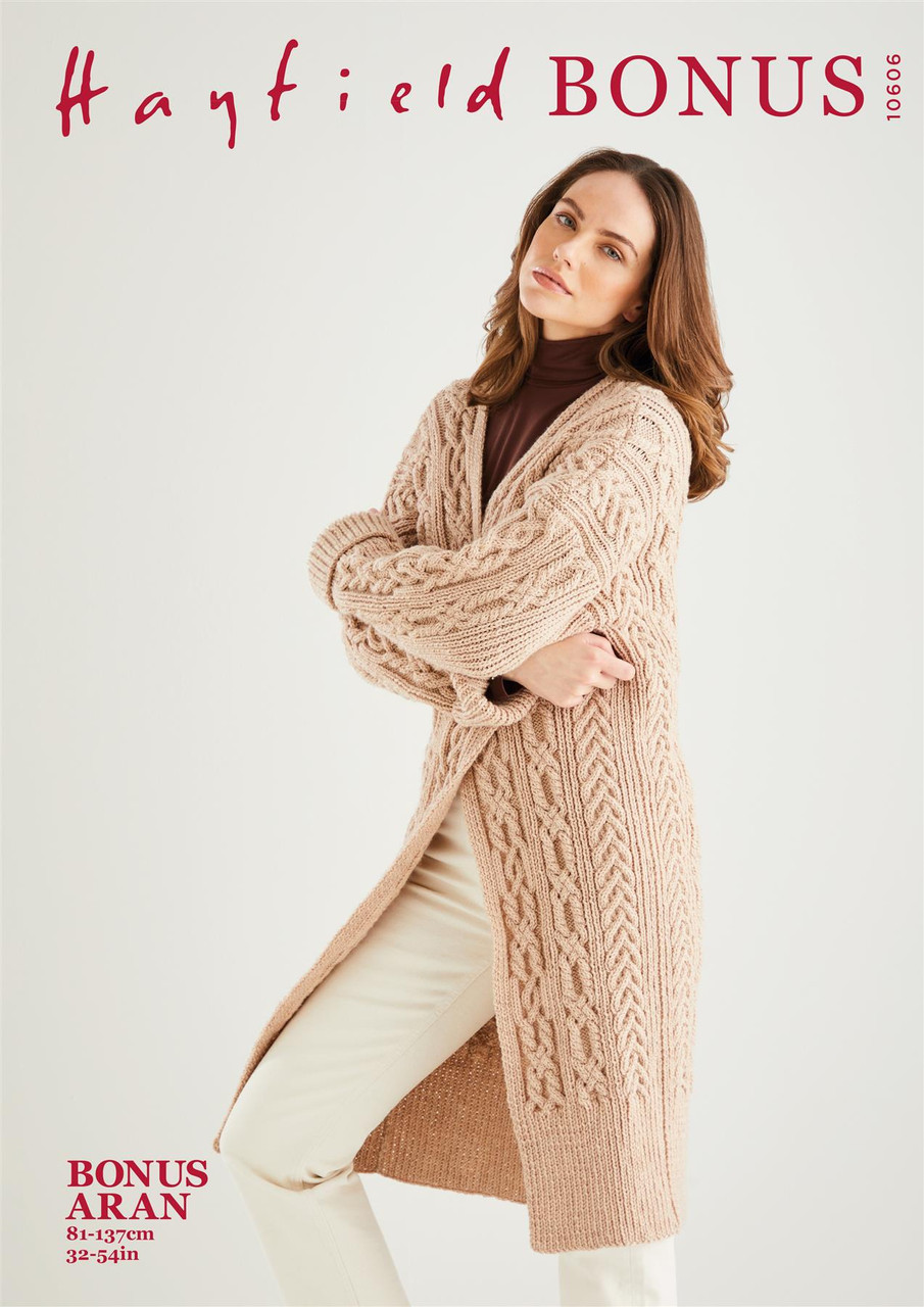 Hayfield Bonus Aran Longline Edge to Edge Cardigan Knitting Pattern -  Advanced Level - Crafty Critters