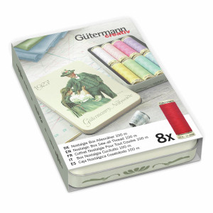 Gutermann Nostalgic '1927' Tin Set Sew-All 100m Polyester Thread- 8 Pastel Reels. Dented tin. Gutermann Nostalgic '1927' Tin Set Sew-All 100m Polyester Thread- 8 Pastel Reels. Dented tin.